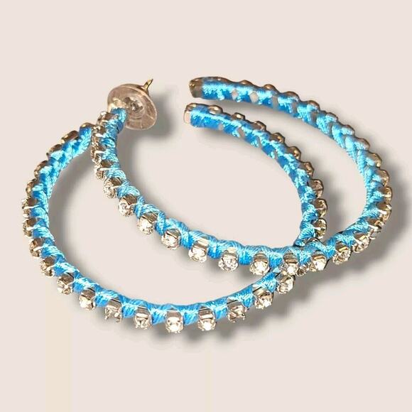Big‎ Blue Wrapped Crystal Rhinestone Hoop Earrings 2.5" - Picture 2 of 4